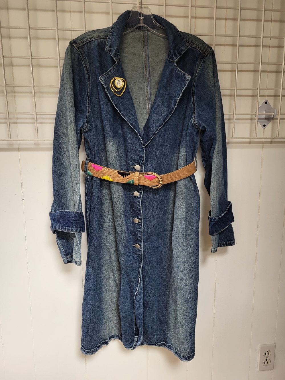 Blue Denim Button-Front Jean Coat with Multicolor Belt, Size M
